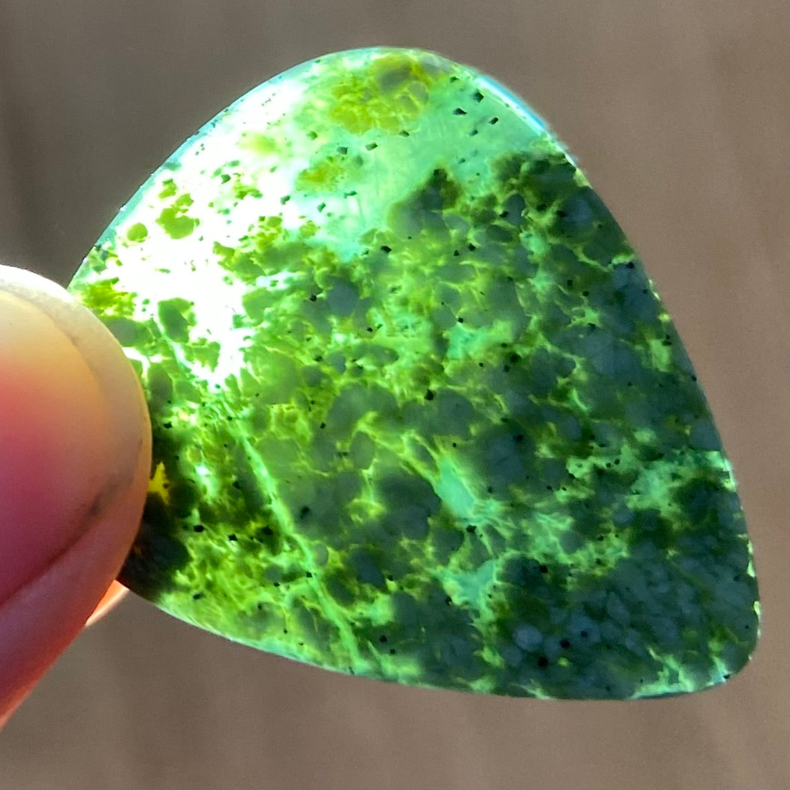 Guitar pick hand-carved from New Zealand tangiwai pounamu (greenstone). Translucency.
