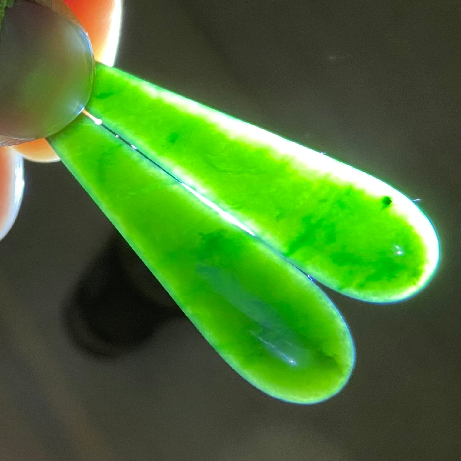 Pair of roimata earrings hand-carved from New Zealand Kawakawa Jade/ pounamu (greenstone), with silver fittings. Translucency.