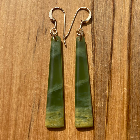 Pair of  toki earrings hand-carved from New Zealand Marsden Flower Jade/ pounamu (greenstone), with gold  fittings. Front.