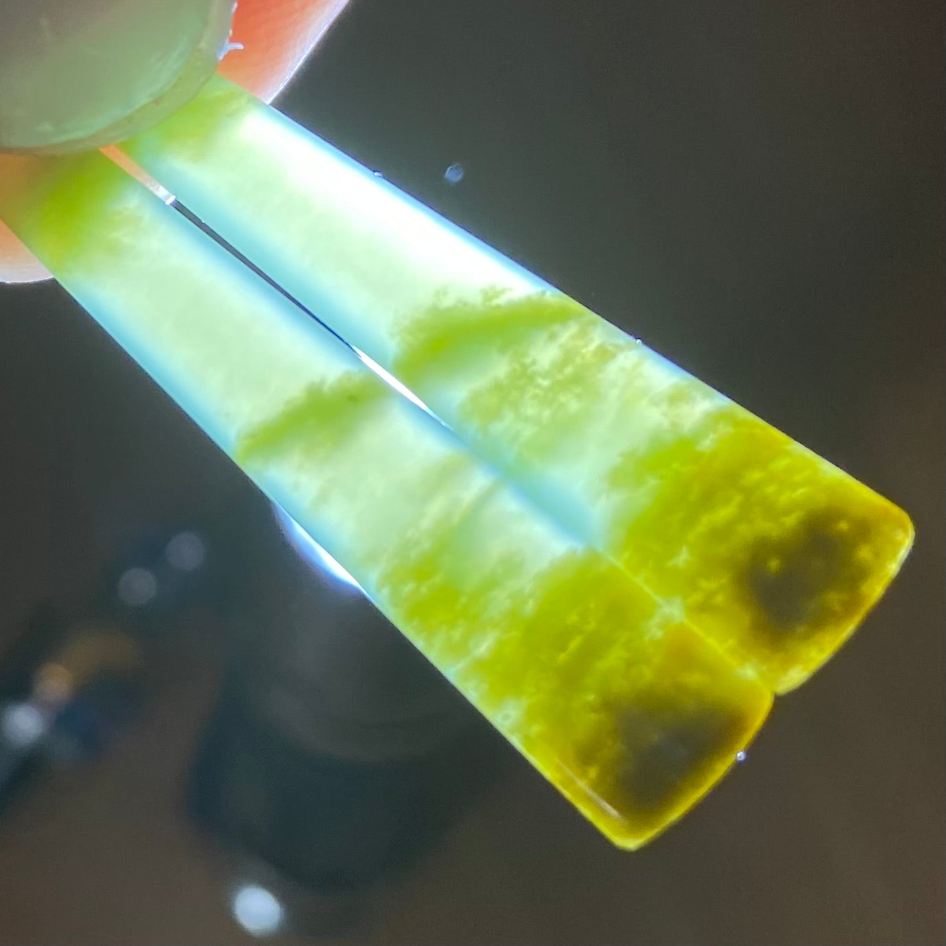 Pair of  toki earrings hand-carved from New Zealand Marsden Flower Jade/ pounamu (greenstone), with gold  fittings. Translucency.