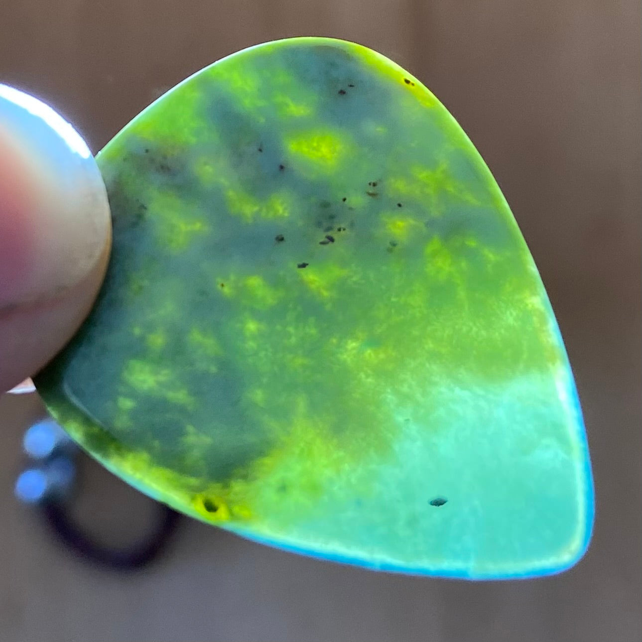 Guitar pick hand-carved from New Zealand Kawakawa Greenstone pounamu (greenstone). Translucency.