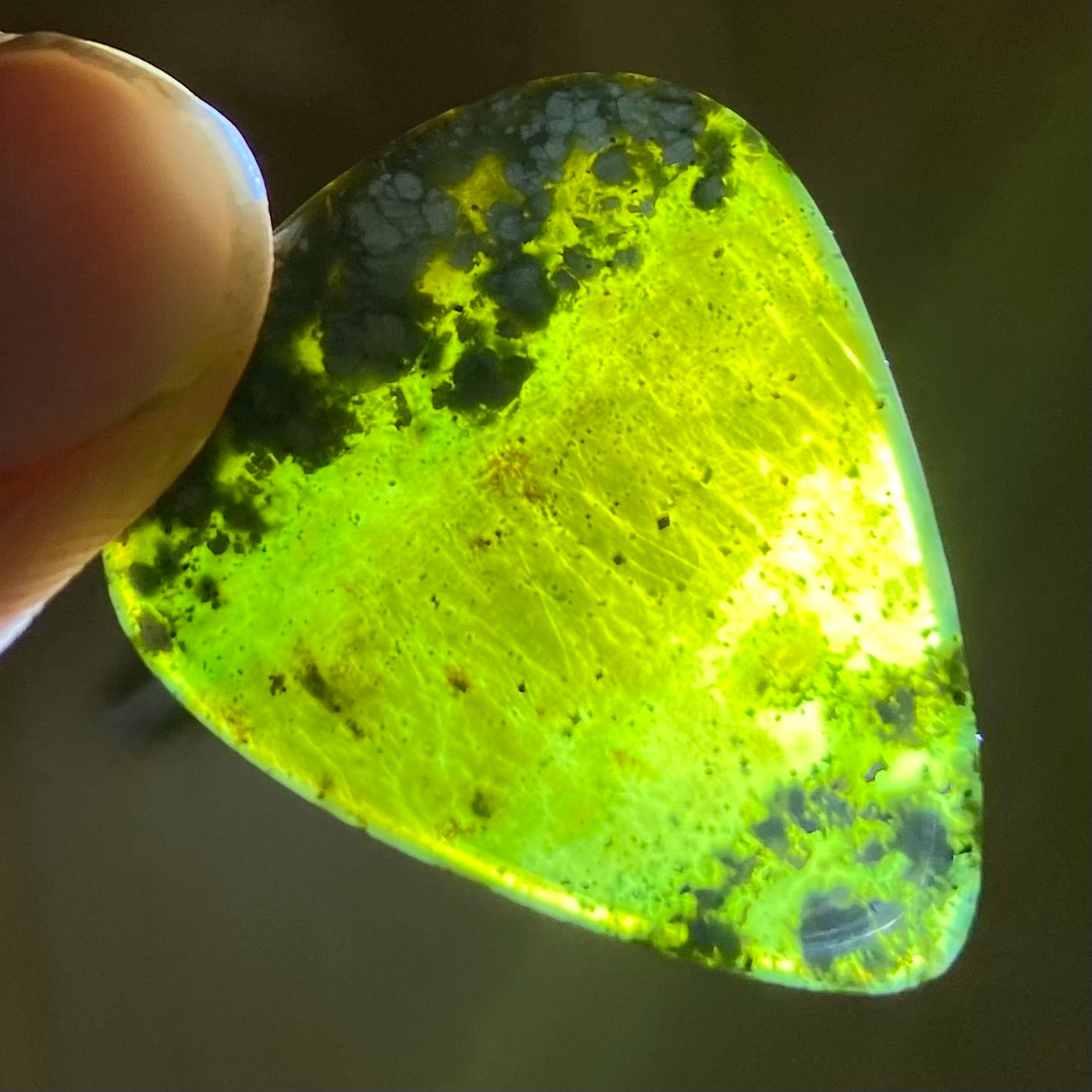 Guitar pick hand-carved from New Zealand tangiwai pounamu (greenstone). Translucency.