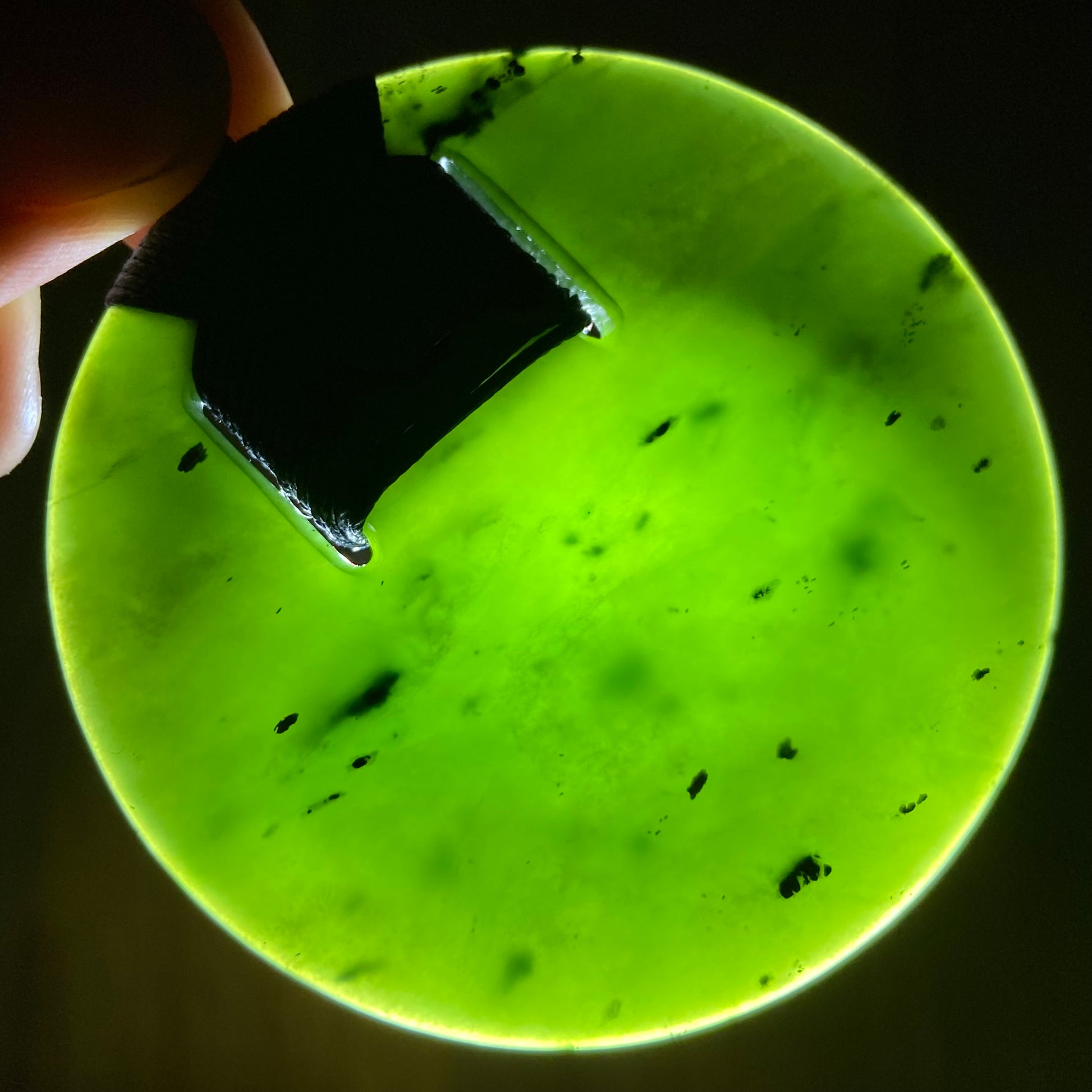 Pounamu porohita, disc, circle of life pendant from New Zealand Kawakawa pounamu (greenstone). Translucency.
