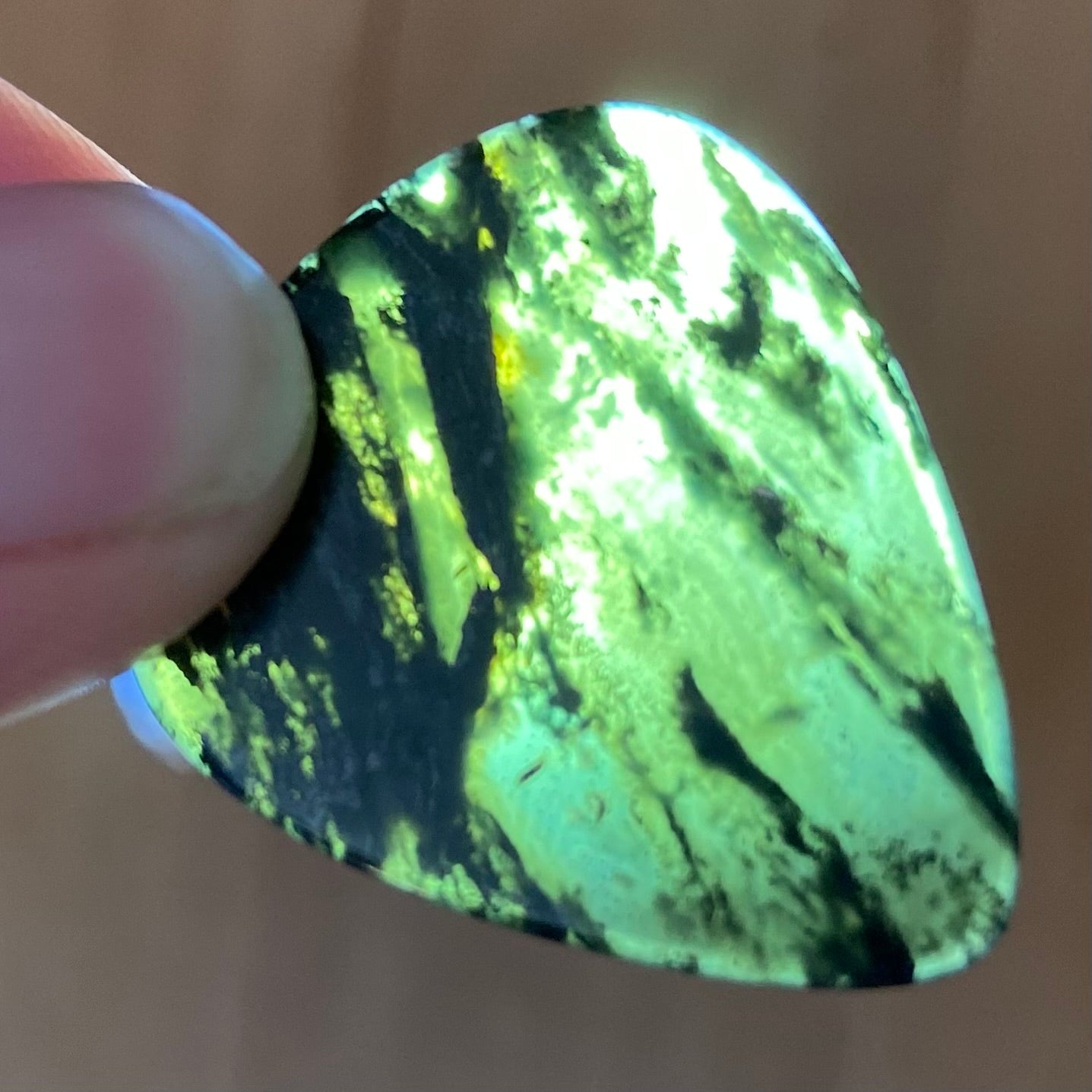 Guitar pick hand-carved from New Zealand Douglas Creek pounamu (greenstone). Translucency.