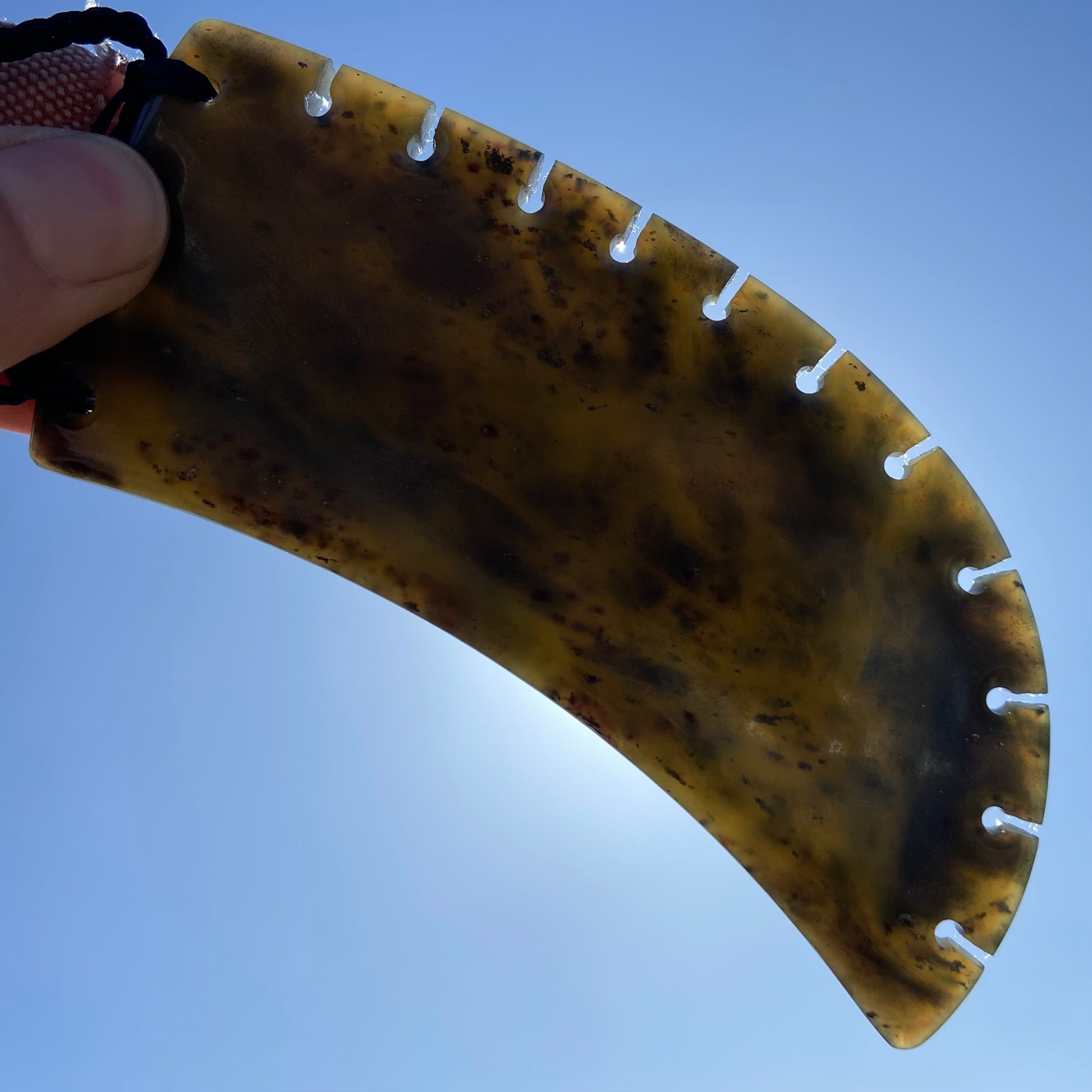 XL Bound Niho Tooth pendant hand-carved from New Zealand Kawakawa pounamu (greenstone). Translucency.